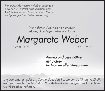 Traueranzeige von Margarete Weber von Pegnitz-Zeitung